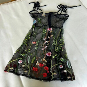 Ethereal Whimsigoth Black Mesh Embroidered Floral Print Shoulder Tie Mini Dress